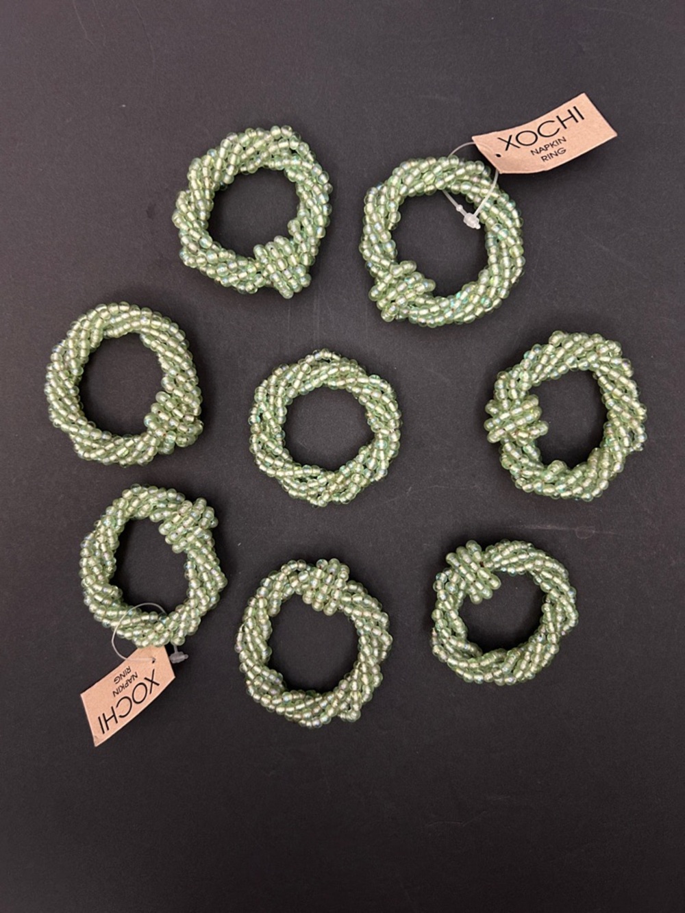 Xochi Green Glass Beaded Napkin Rings, Set of Eight